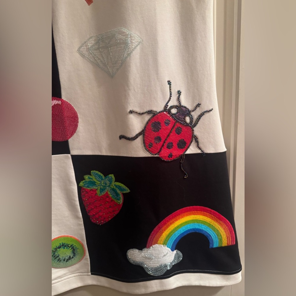 QUEEN OF SPARKLES Black & White Patchwork Tank dress Colorful Appliqués XL - Picture 2 of 7
